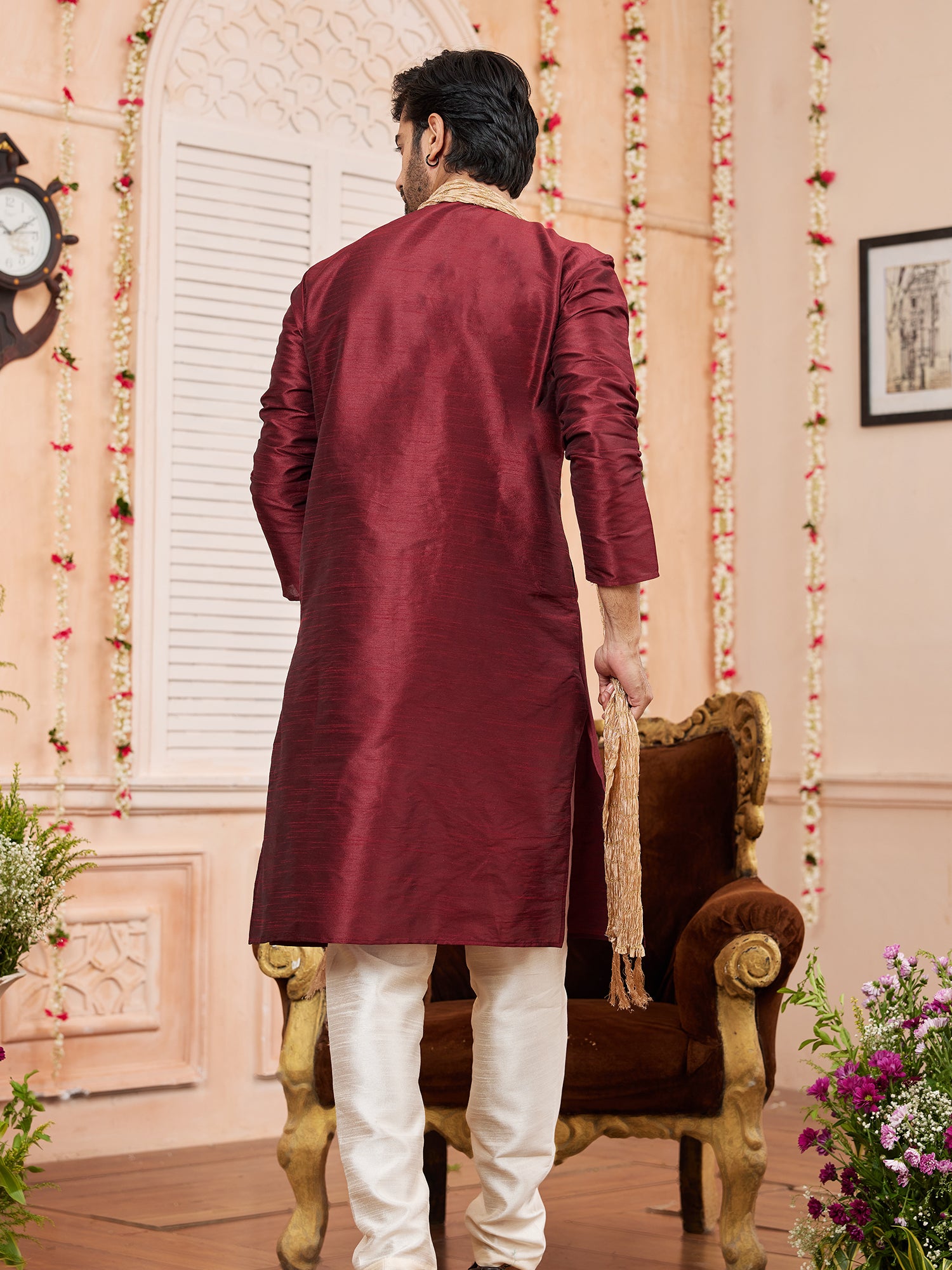 Maroon Art Silk Kurta Pajama With Stole