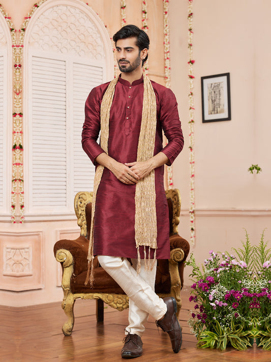 Maroon Art Silk Kurta Pajama With Stole