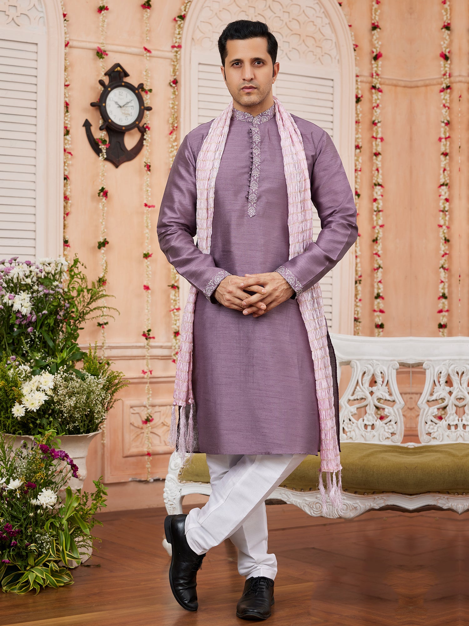 Light Purple Art Silk Kurta Pajama with Stole