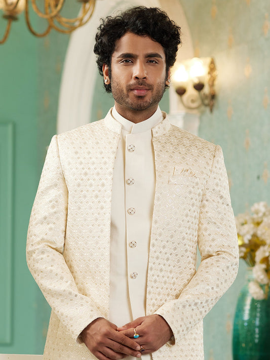 Cream Sequin Embroidered Jodhpuri Suit
