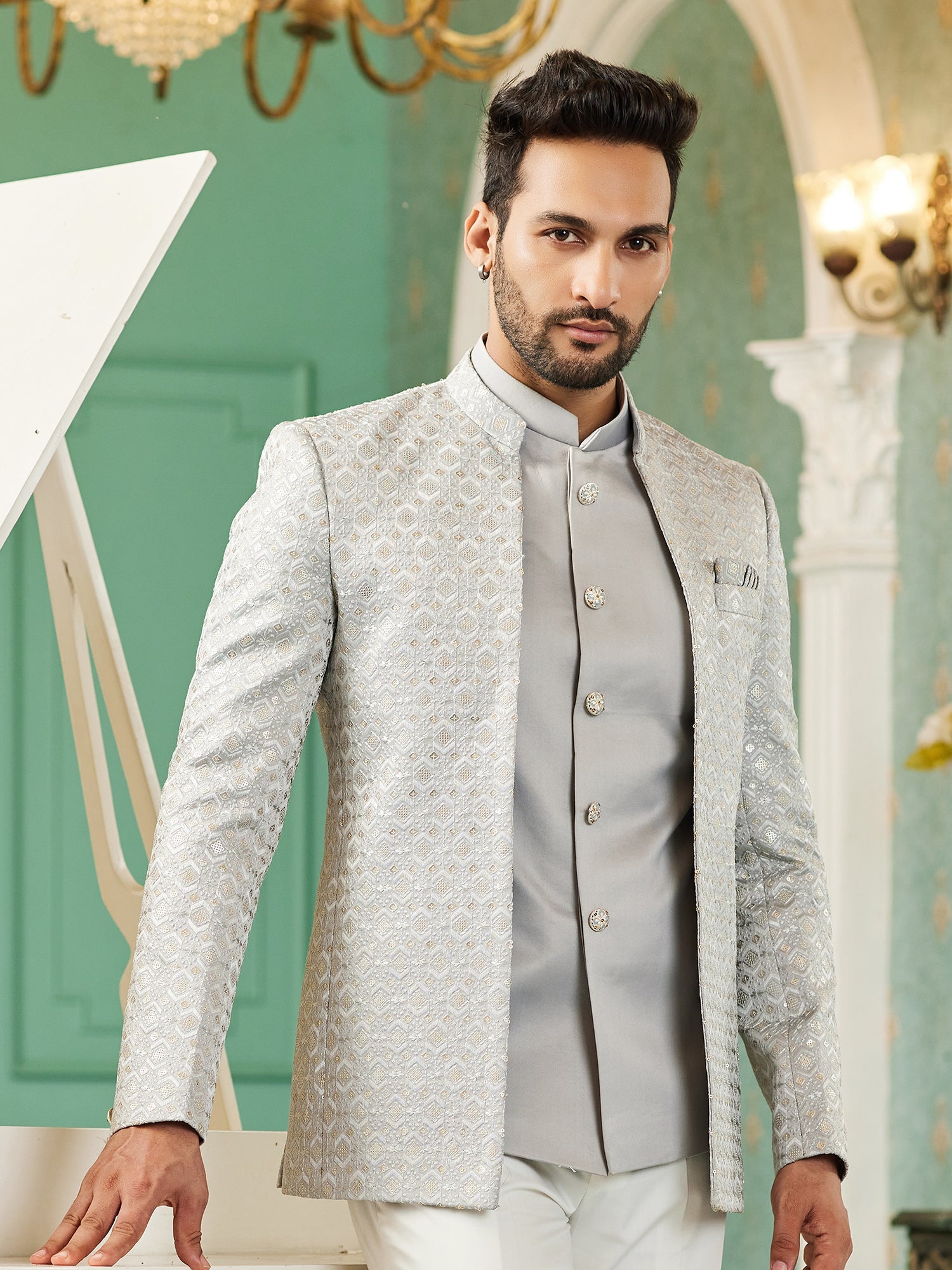 Grey Sequin Embroidered Jodhpuri Suit