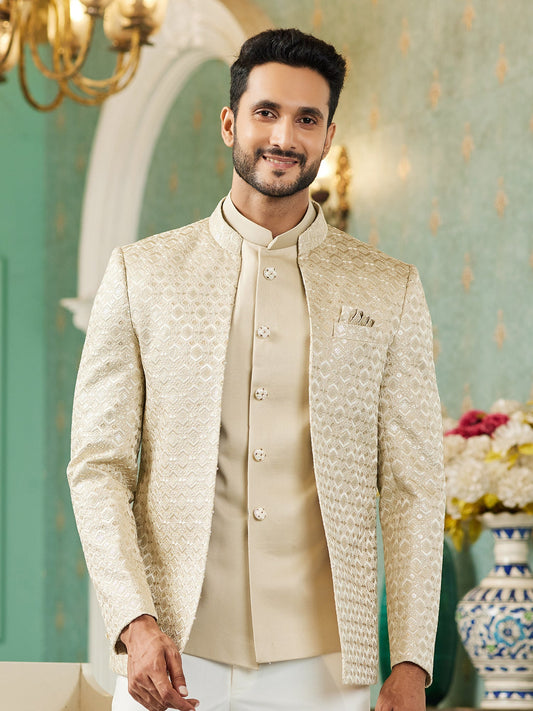 Beige Sequin Embroidered Jodhpuri Suit