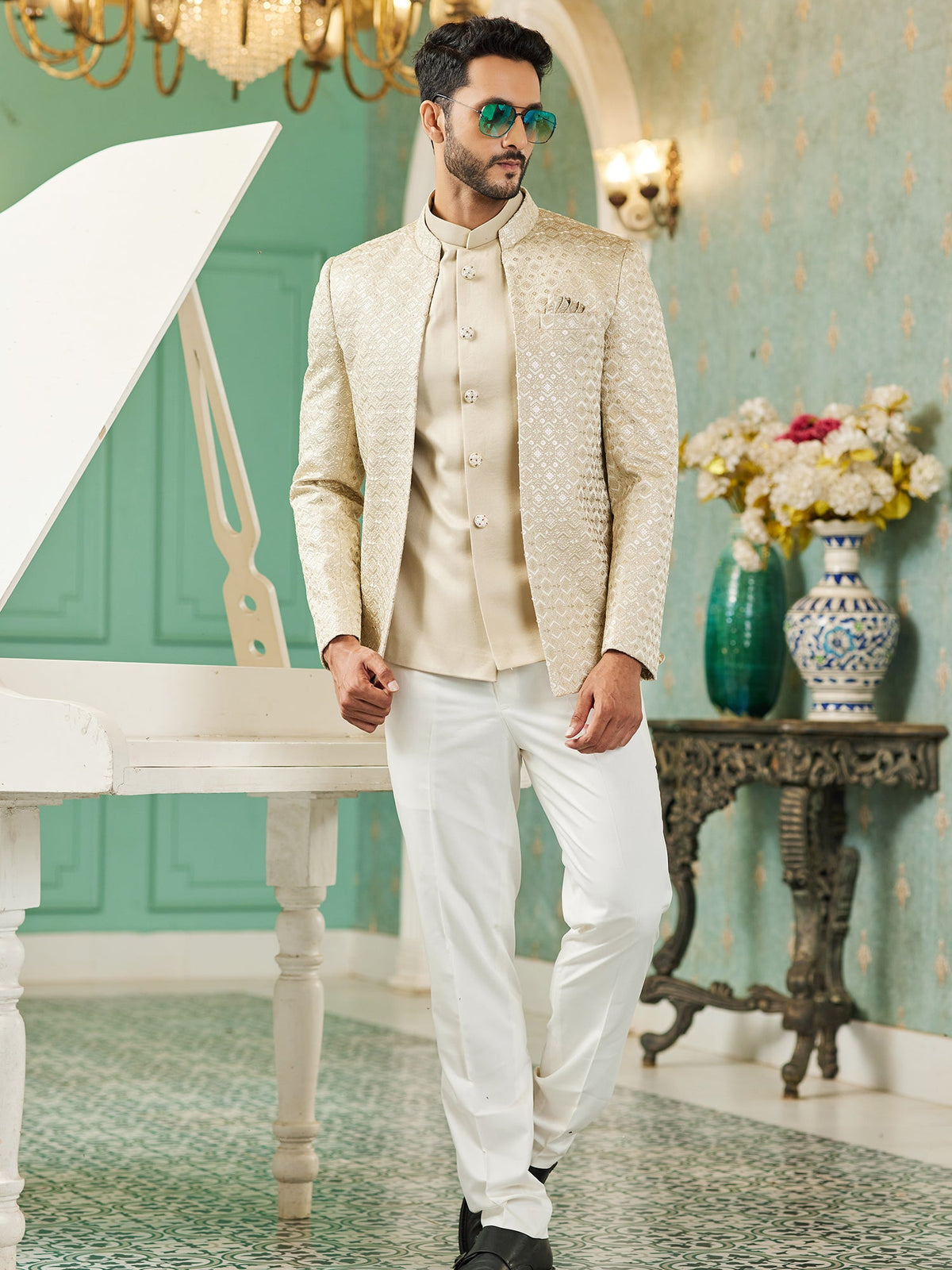 Beige Sequin Embroidered Jodhpuri Suit