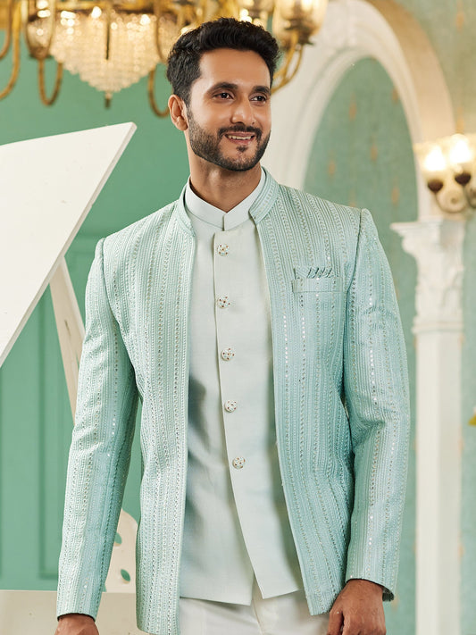 Pista Green Sequin Embroidered Jodhpuri Suit