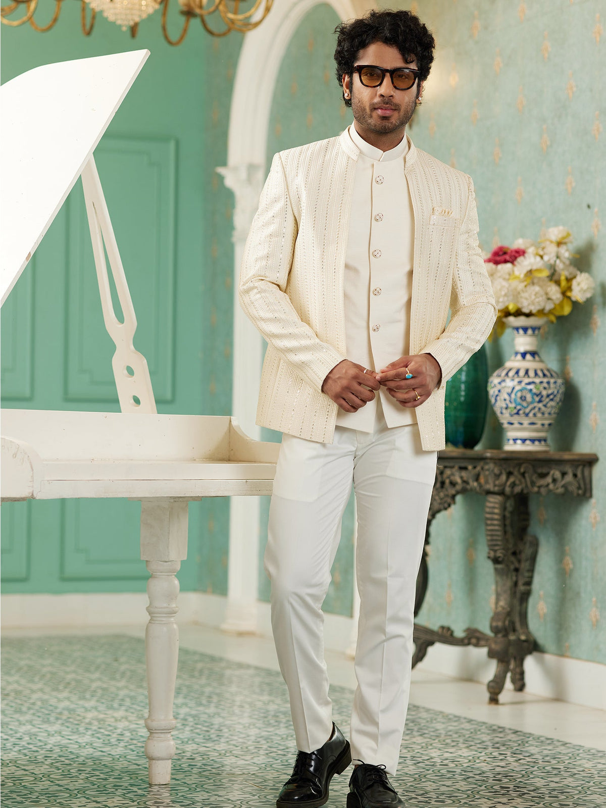 Cream Resham Embroidered Jodhpuri Style Suit