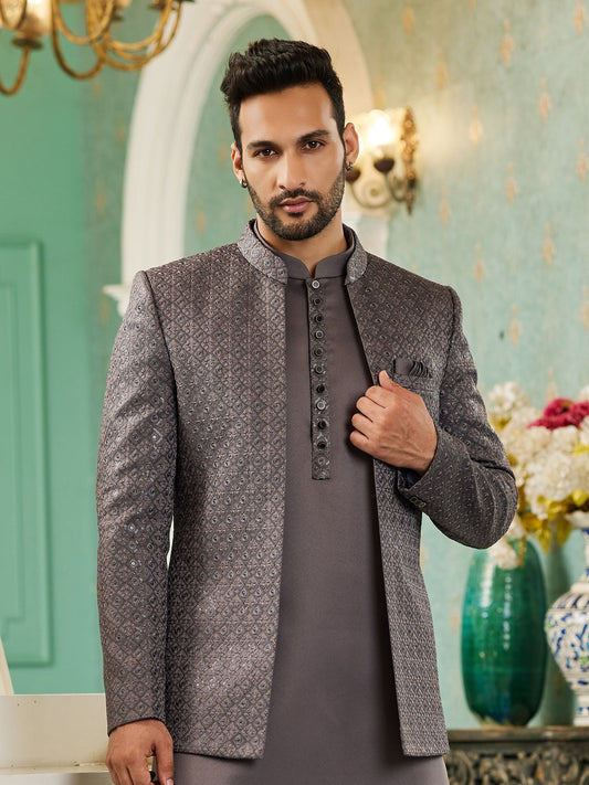 Grey Resham Sequin Embroidered Jodhpuri Suit