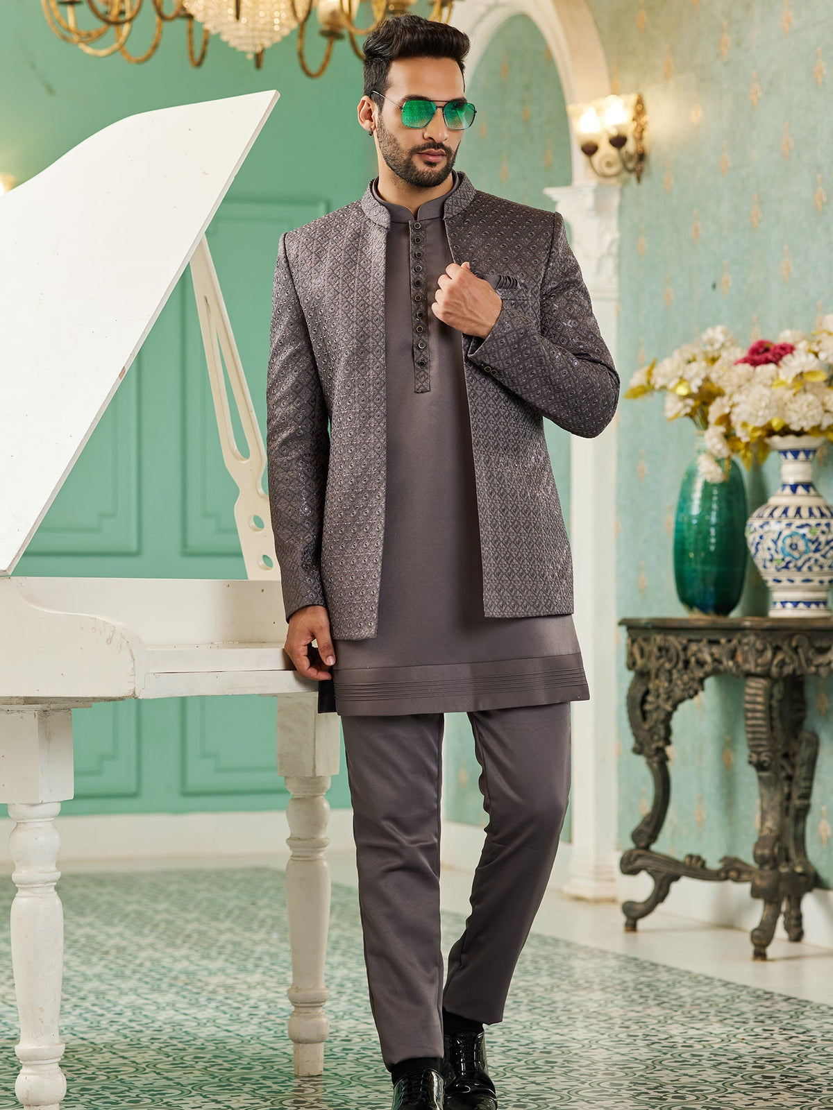 Grey Resham Sequin Embroidered Jodhpuri Suit