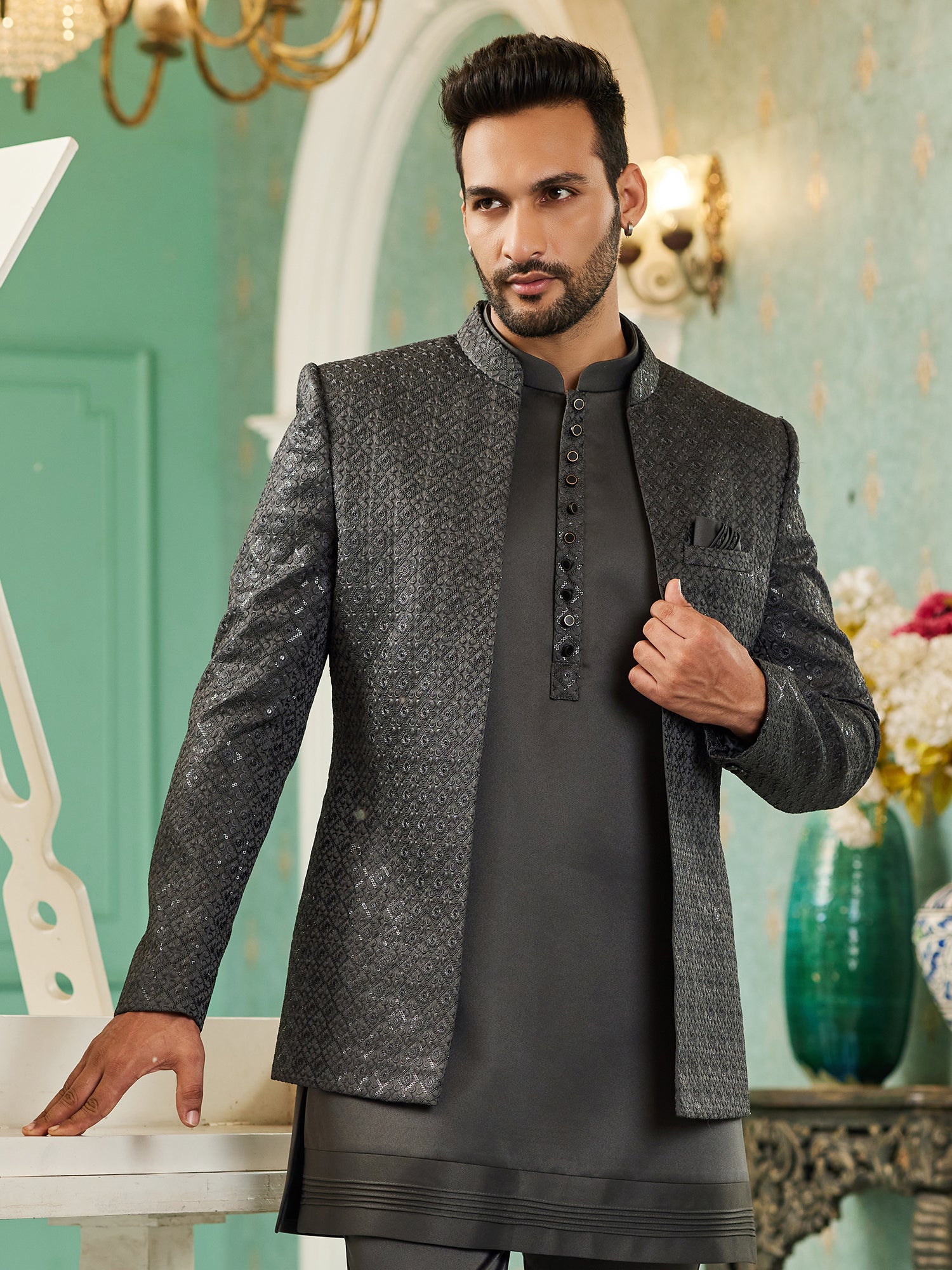 Grey Festive Embroidered Jodhpuri Set