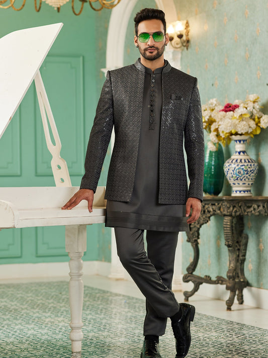 Grey Festive Embroidered Jodhpuri Set