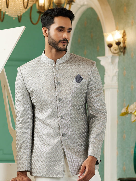 Grey Zari Embroidered Jodhpuri Suit