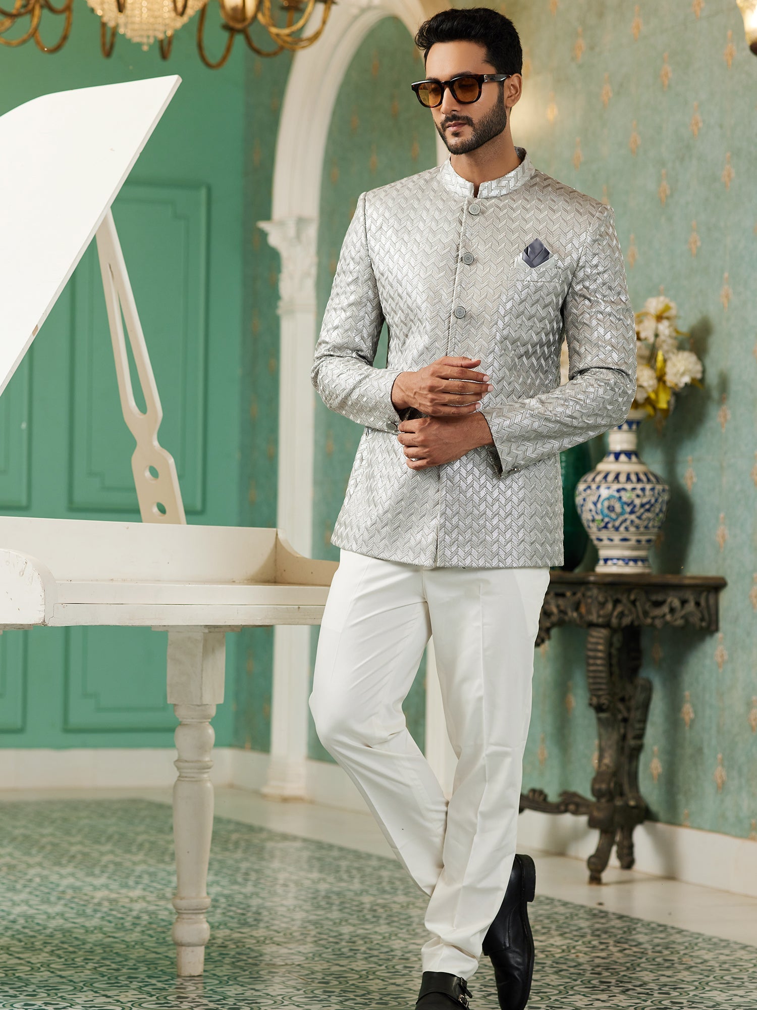 Grey Zari Embroidered Jodhpuri Suit