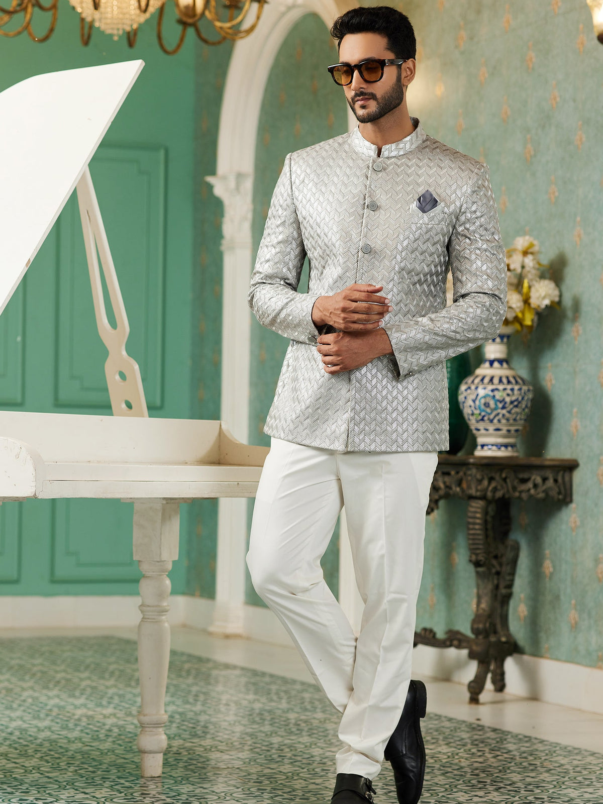 Grey Zari Embroidered Jodhpuri Suit
