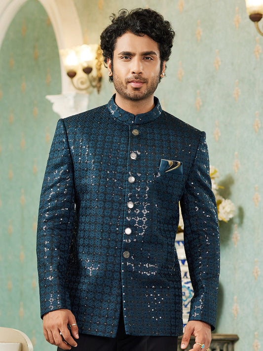 Teal Green Sequin Embroidered Jodhpuri Suit