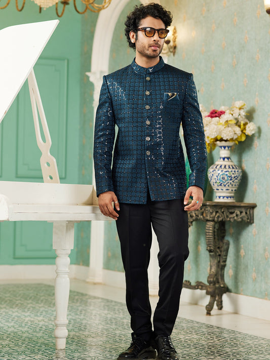 Teal Green Sequin Embroidered Jodhpuri Suit