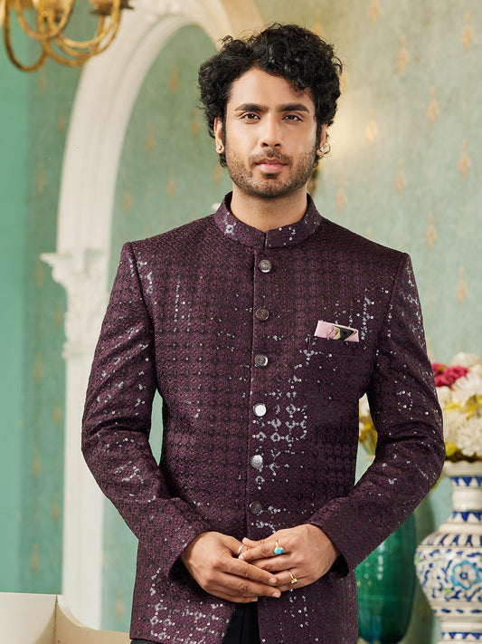 Wine Sequin Embroidered Jodhpuri Suit
