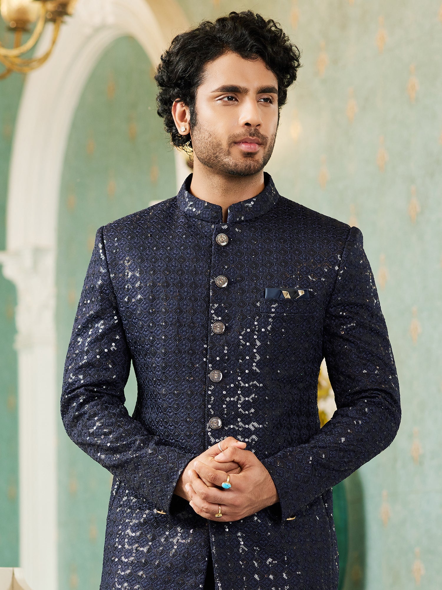 Navy Blue Sequin Embroidered Jodhpuri Suit