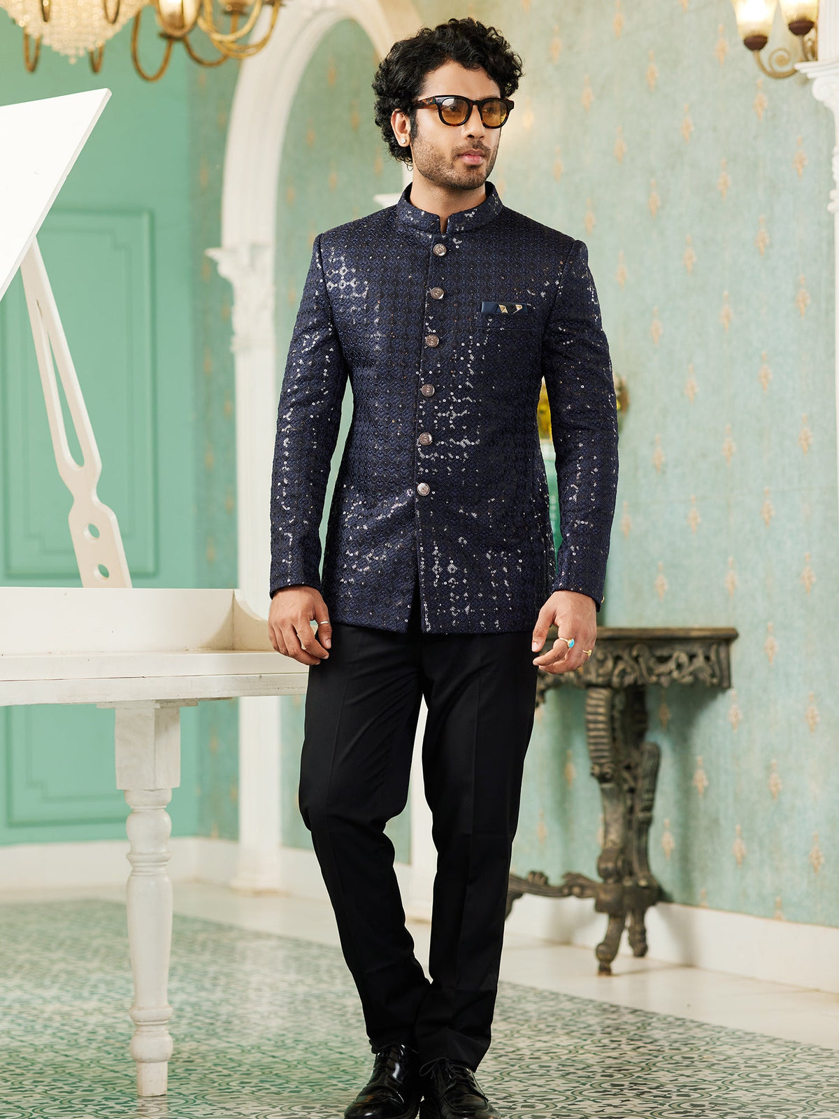 Navy Blue Sequin Embroidered Jodhpuri Suit
