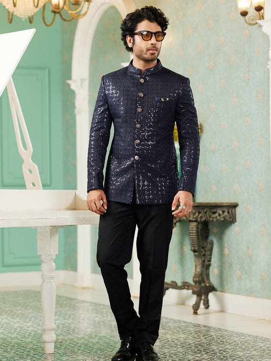 Navy Blue Sequin Embroidered Jodhpuri Suit
