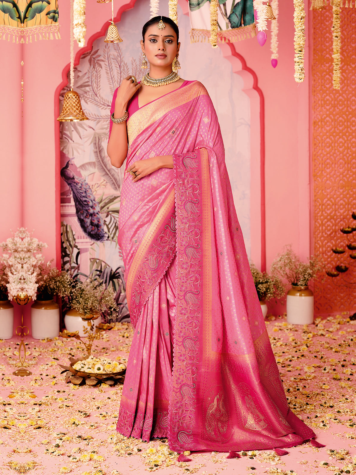 Pink Woven Stone Work Art Silk Saree