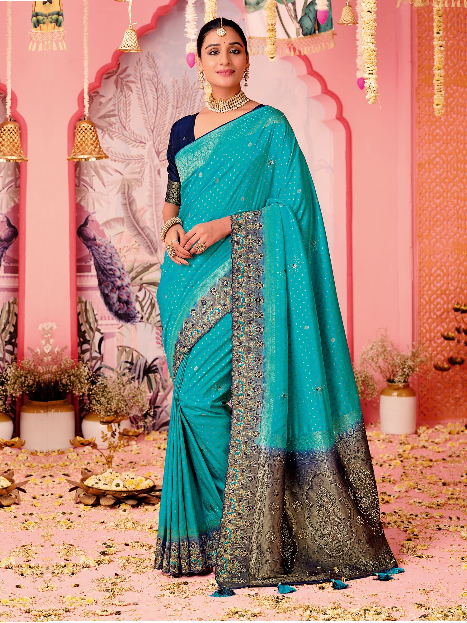 Sky Blue Art Silk Stone Work Festive Saree