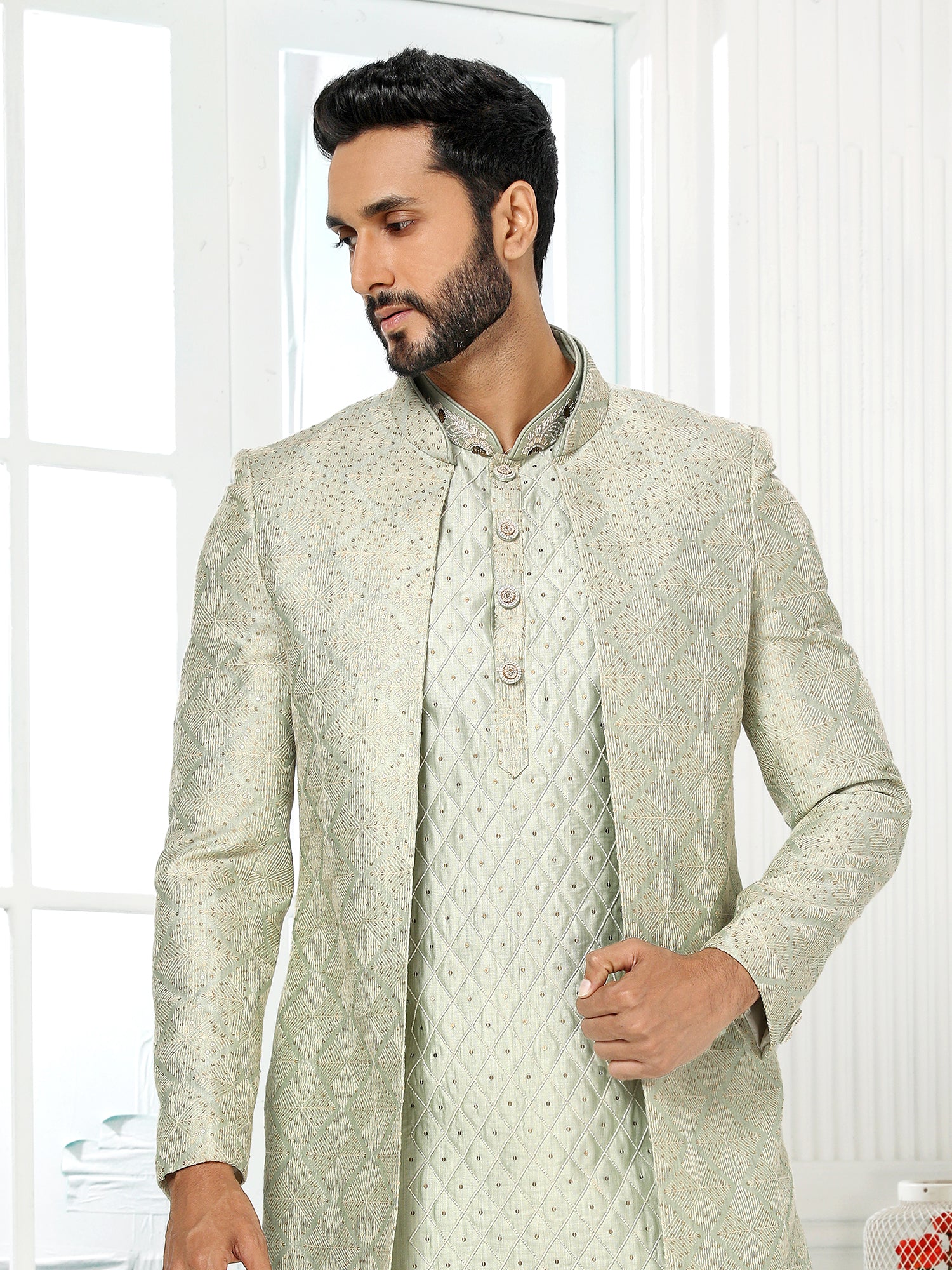 Pista Green Resham Embroidered Indo Sherwani