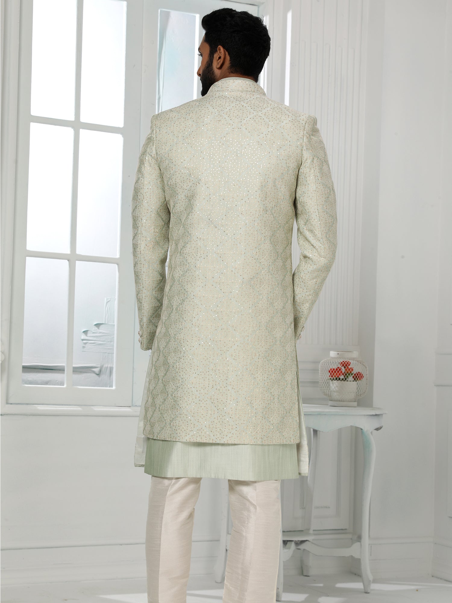 Pista Green Resham Embroidered Indo Sherwani