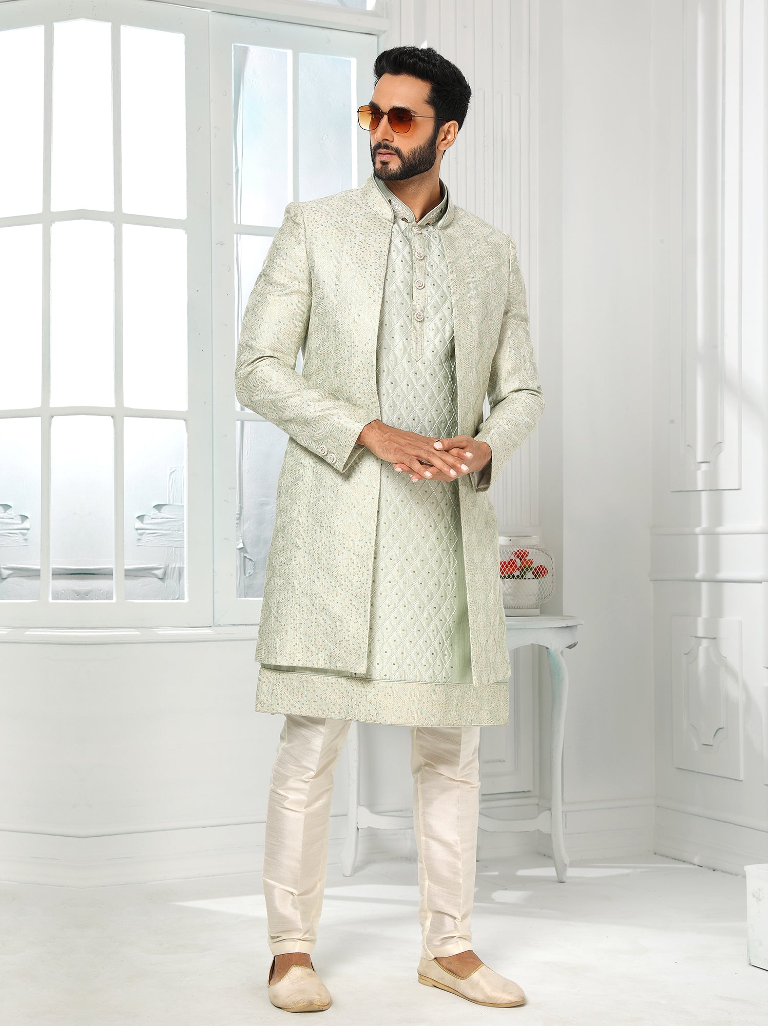 Pista Green Resham Embroidered Indo Sherwani