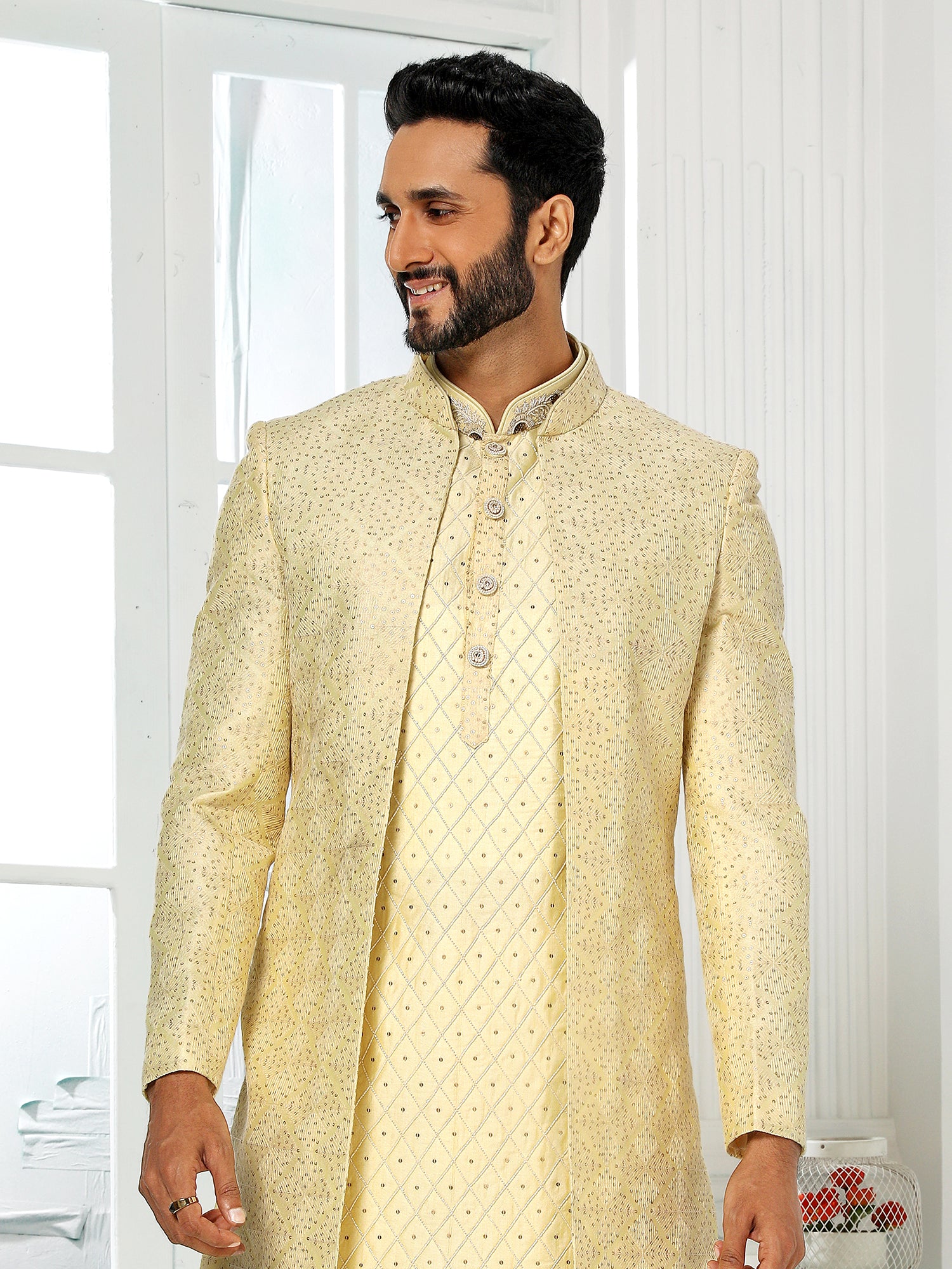 Yellow Sequin Indo Western Sherwani in Art Silk