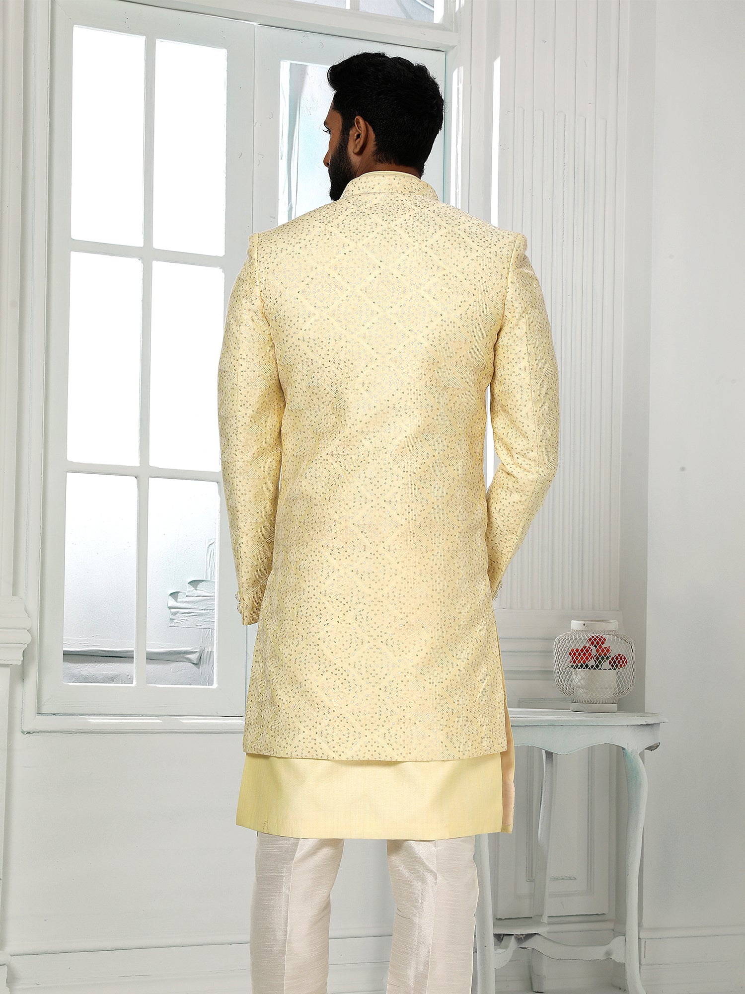 Yellow Sequin Indo Western Sherwani in Art Silk