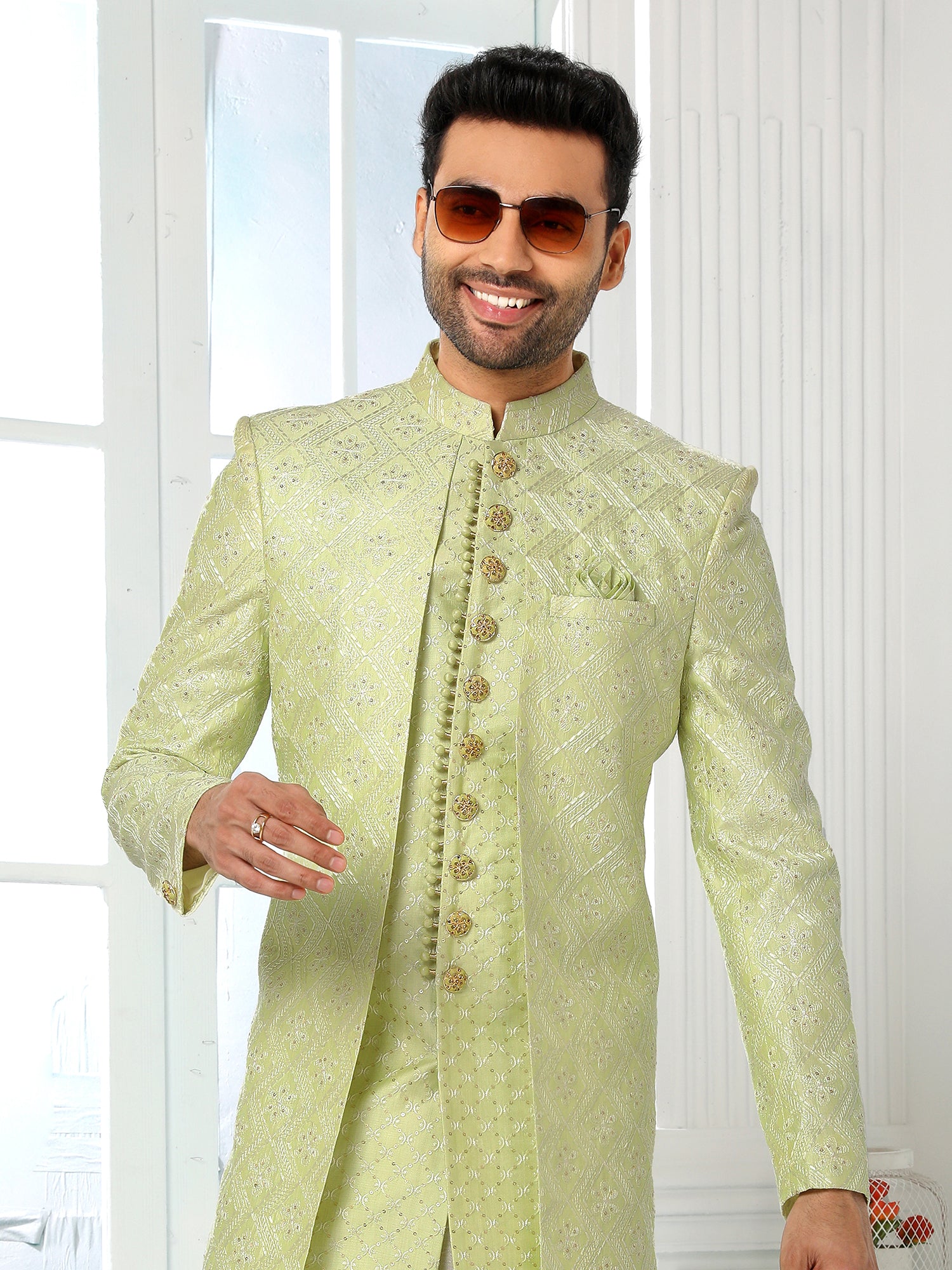 Green Art Silk Embroidered Indo Sherwani