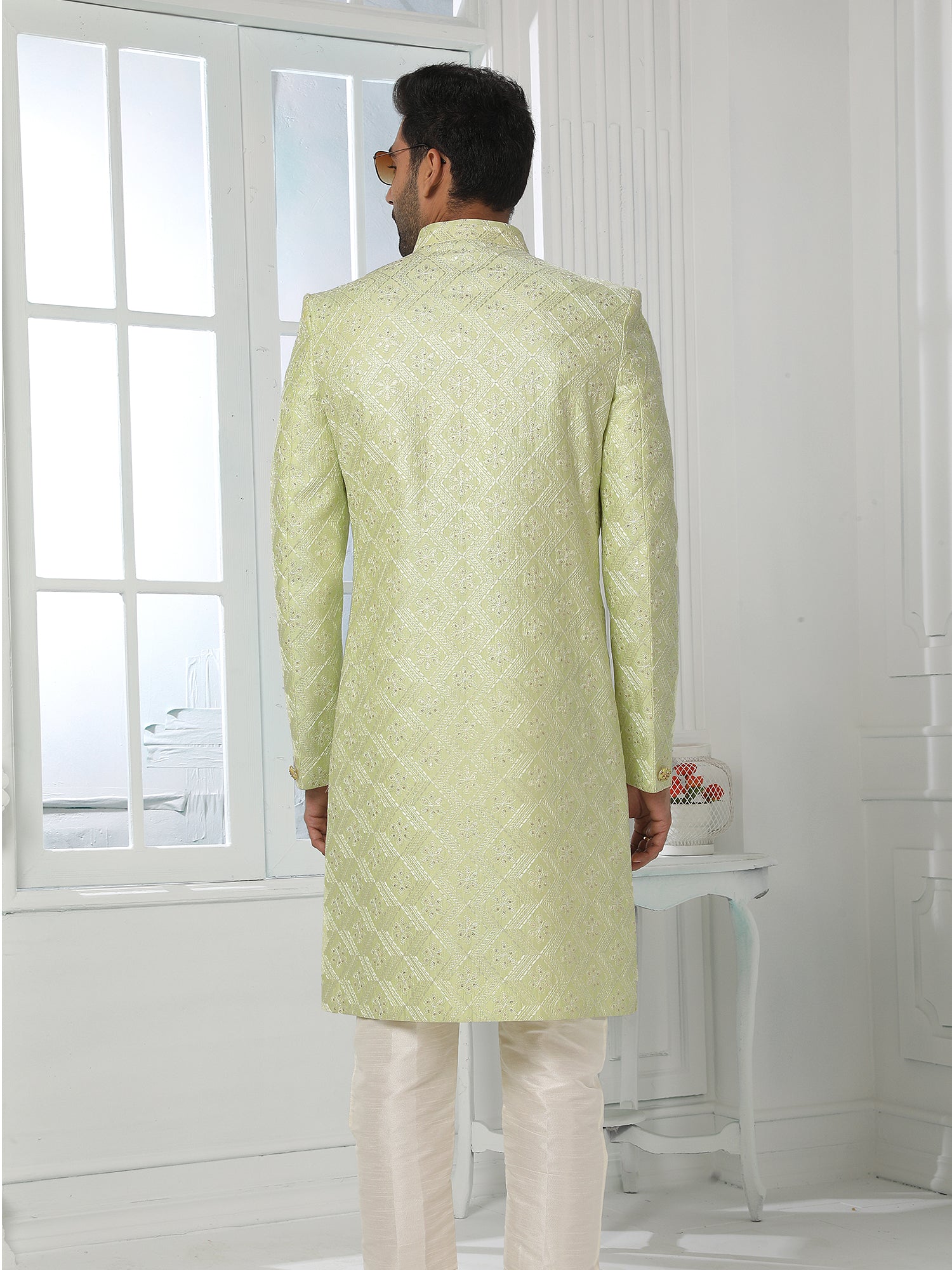 Green Art Silk Embroidered Indo Sherwani