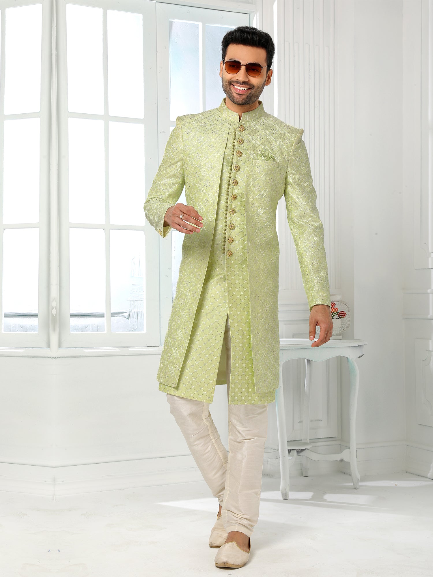 Green Art Silk Embroidered Indo Sherwani