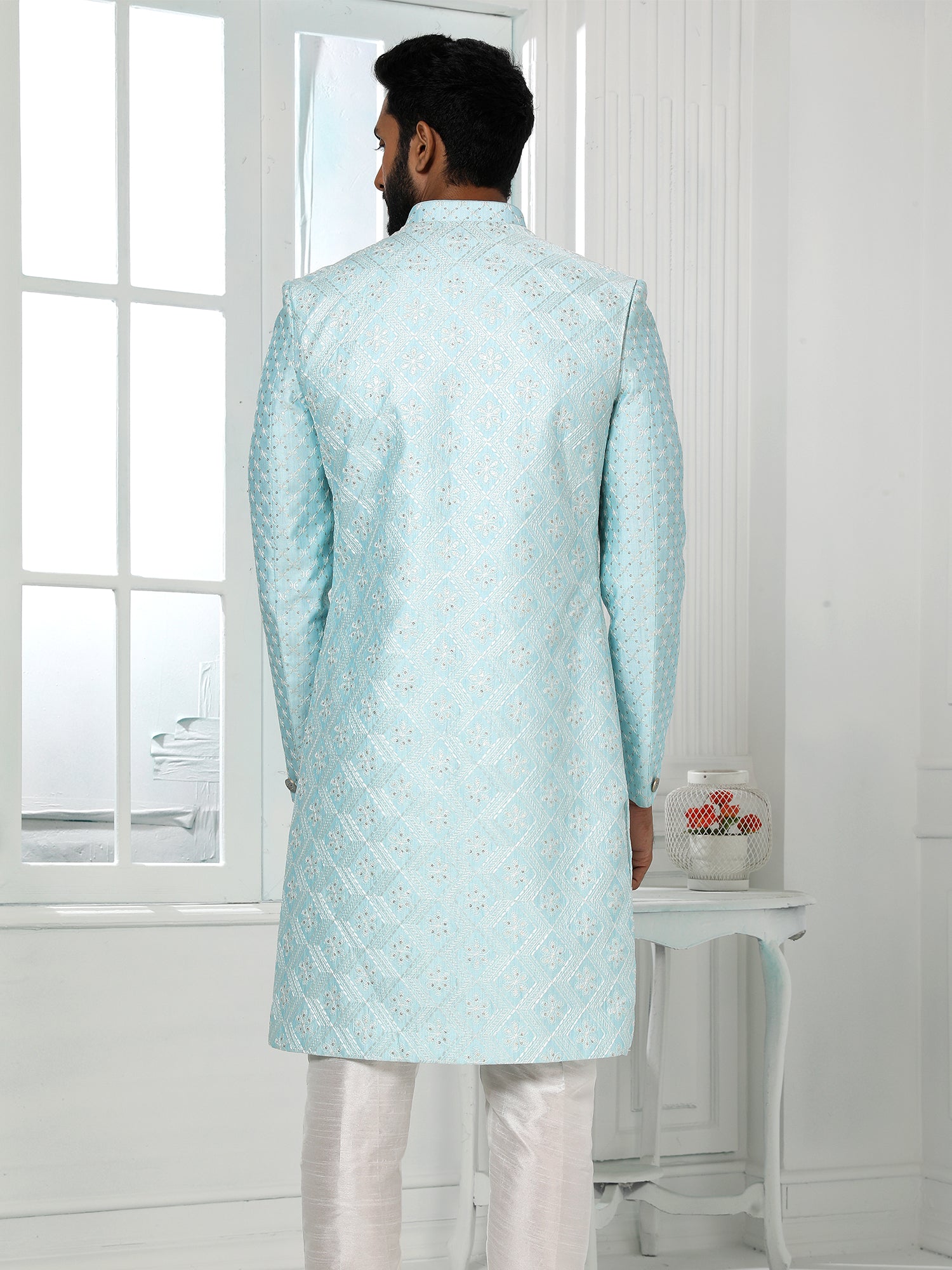 Blue Sequin Indo Western Sherwani in Art Silk