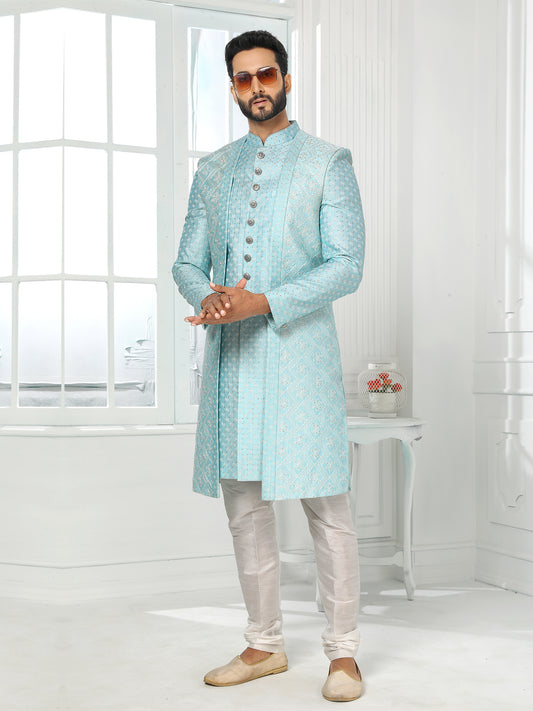 Blue Sequin Indo Western Sherwani in Art Silk