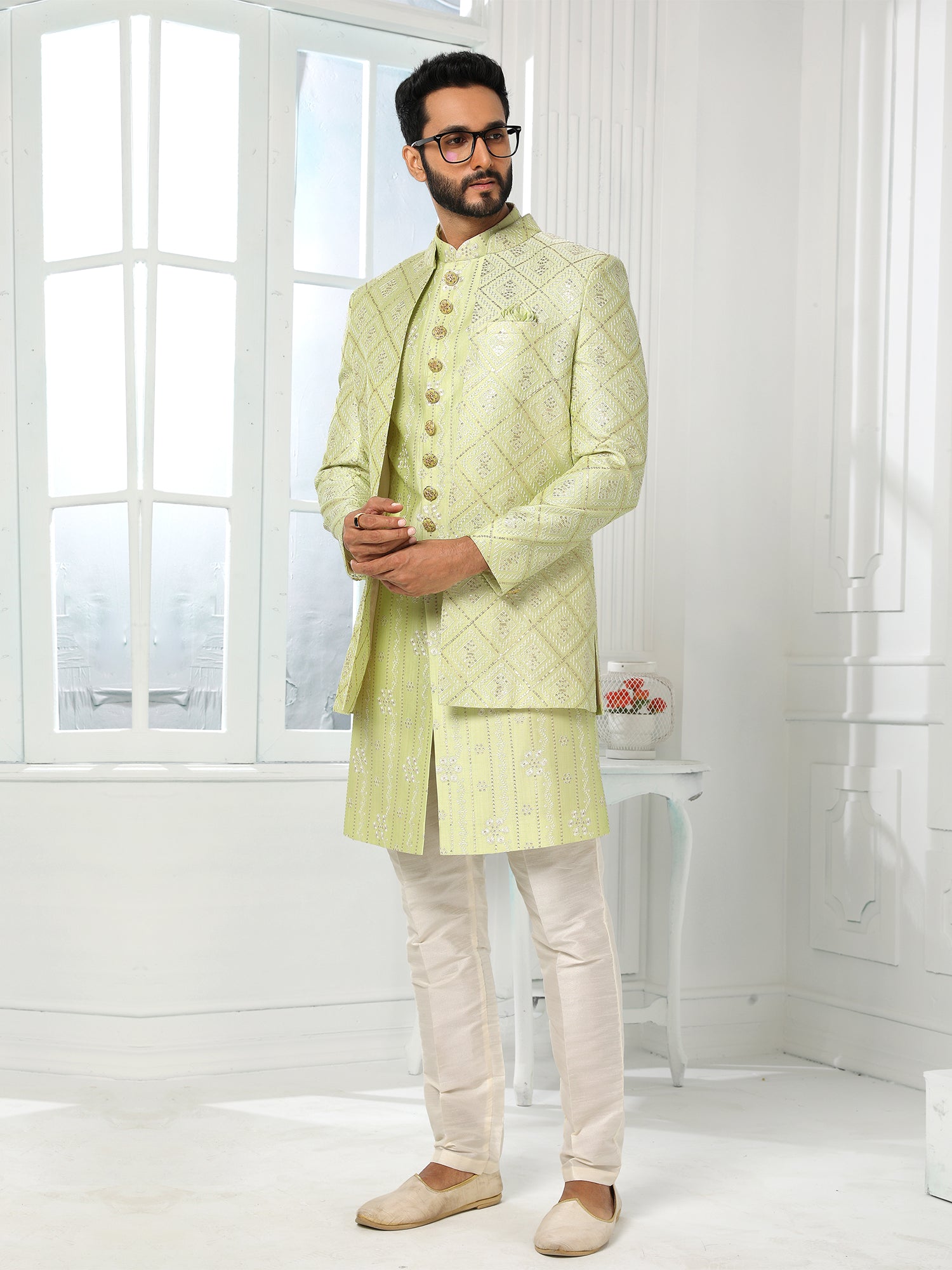 Pista Green Wedding Indo Wester Sherwani