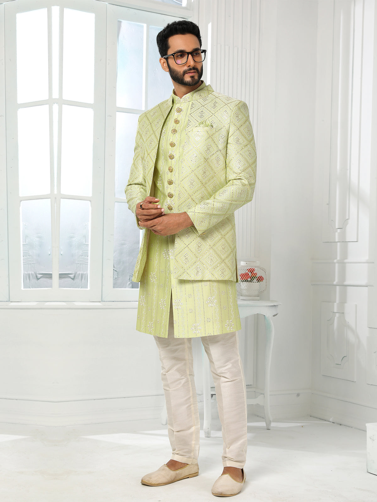 Pista Green Wedding Indo Wester Sherwani