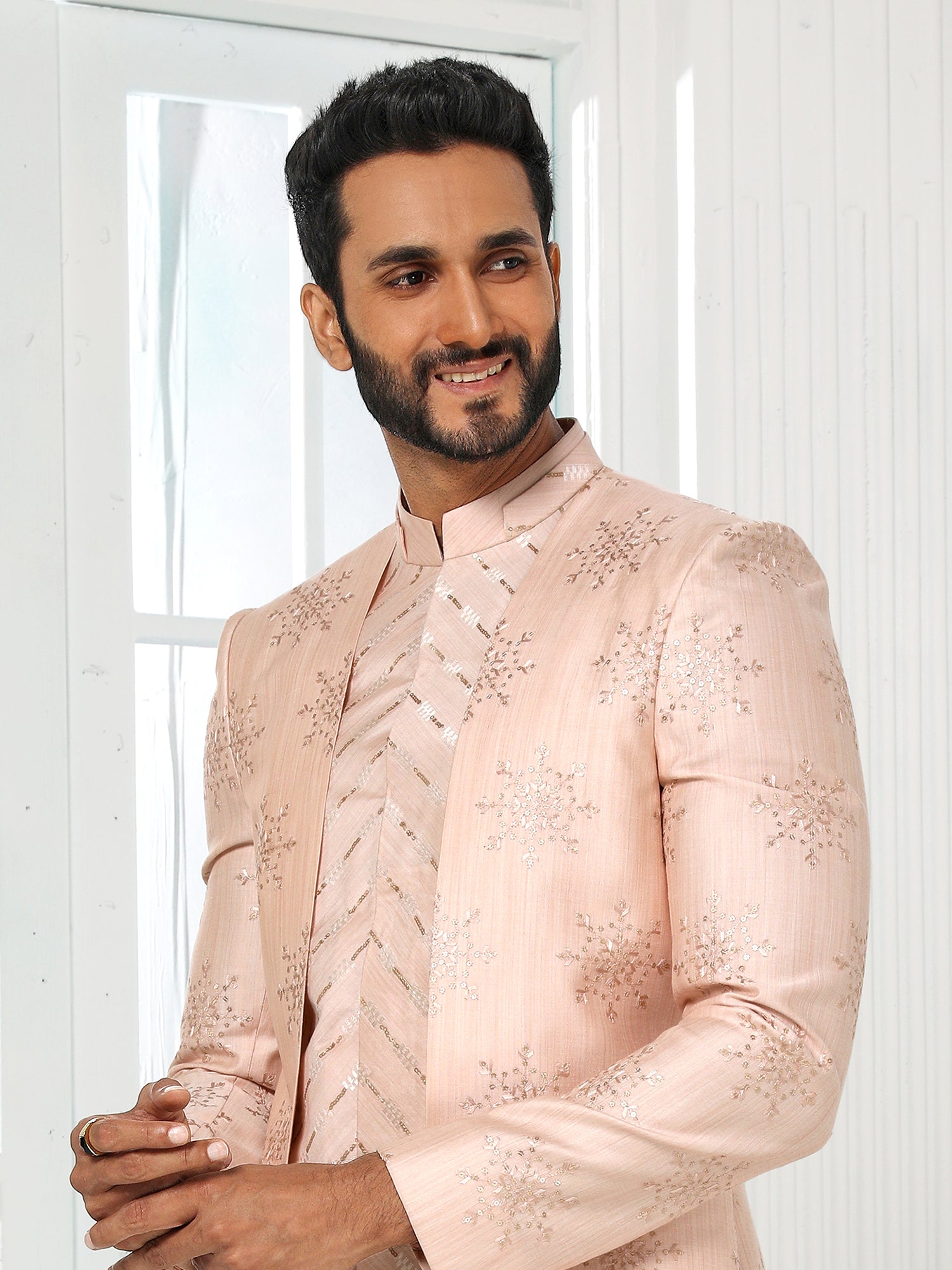 Peach Sequin Art Silk Indo Western Sherwani