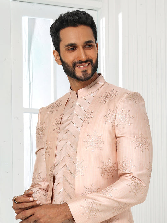 Peach Sequin Art Silk Indo Western Sherwani