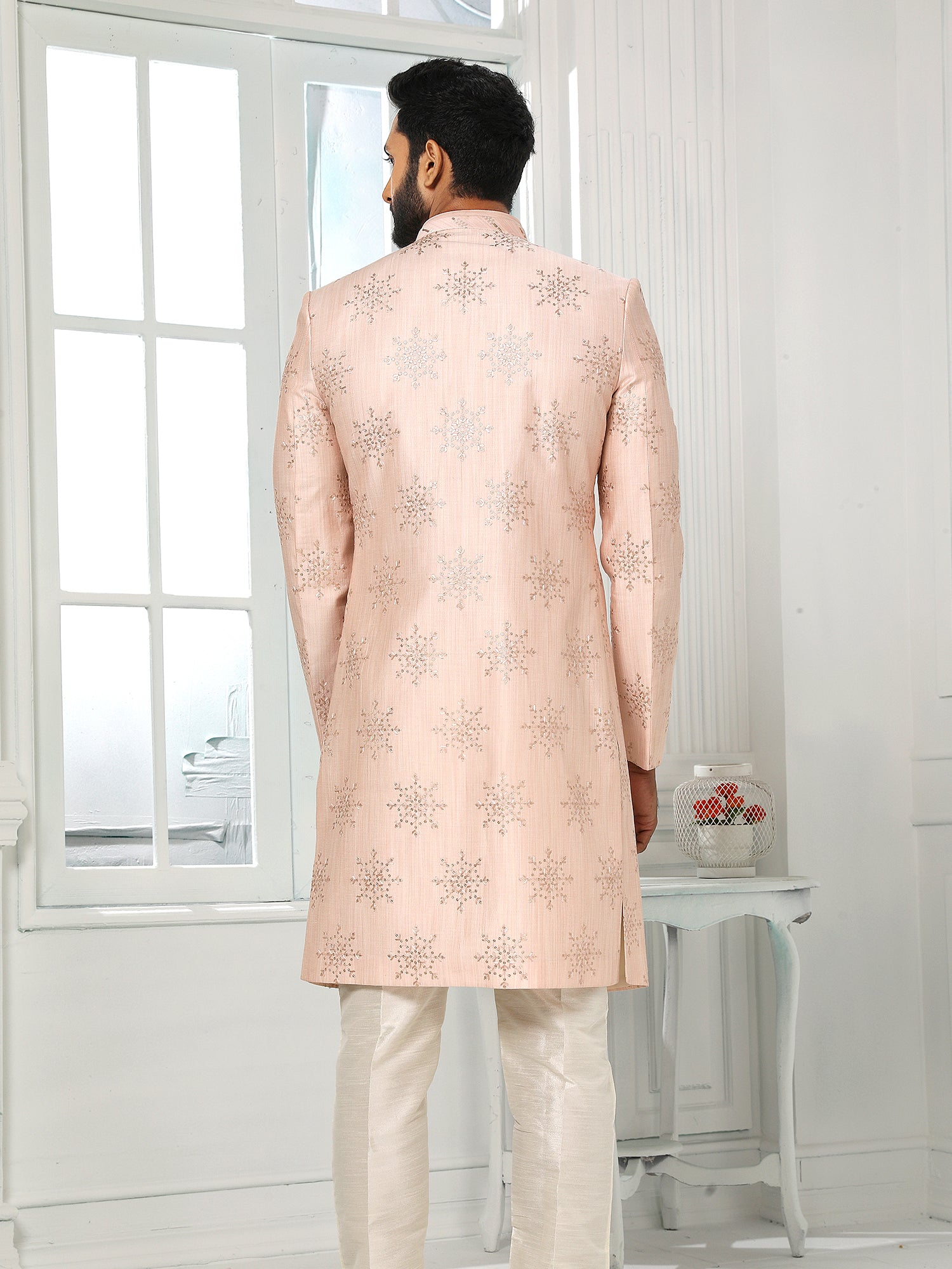 Peach Sequin Art Silk Indo Western Sherwani