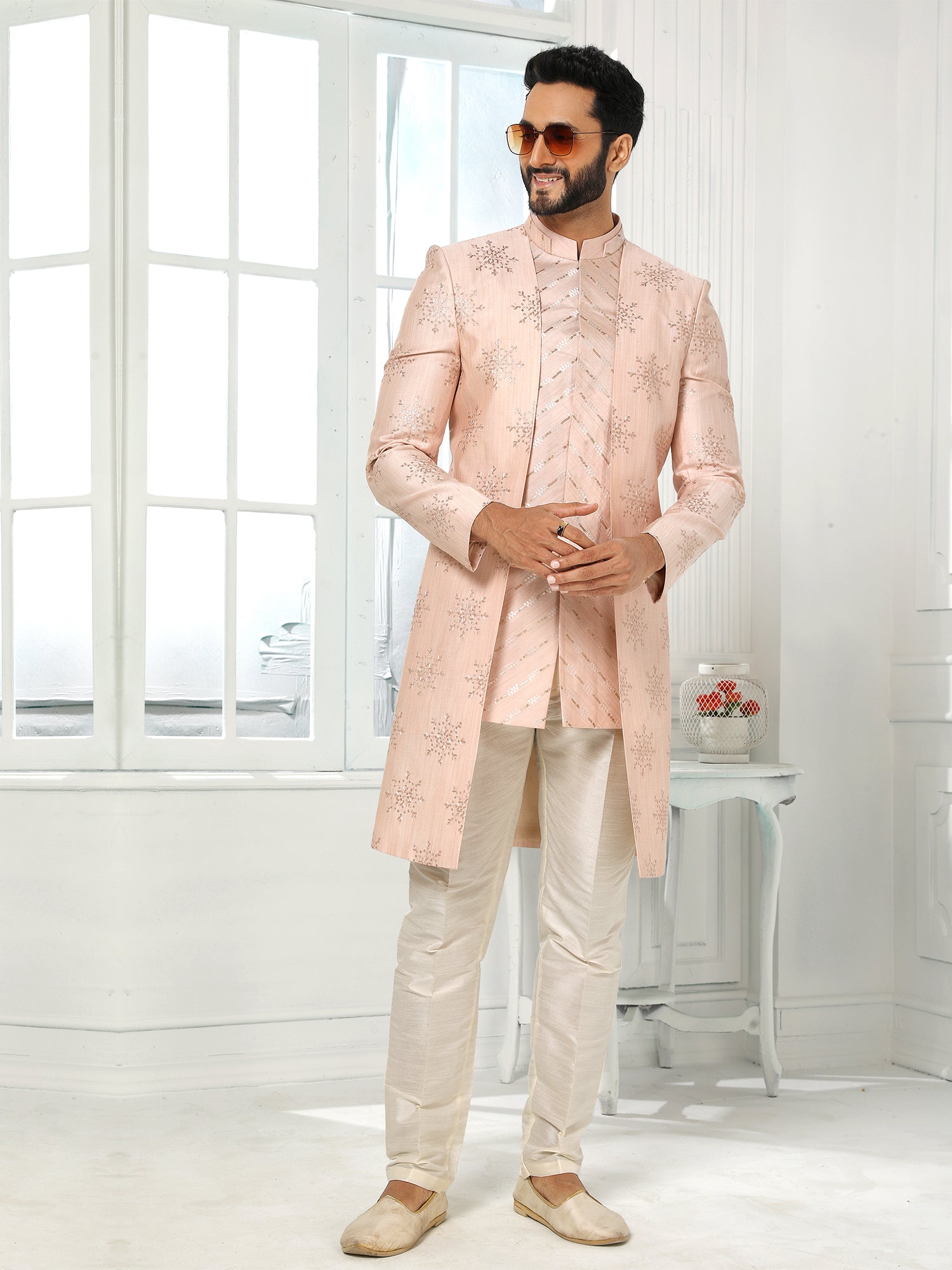 Peach Sequin Art Silk Indo Western Sherwani