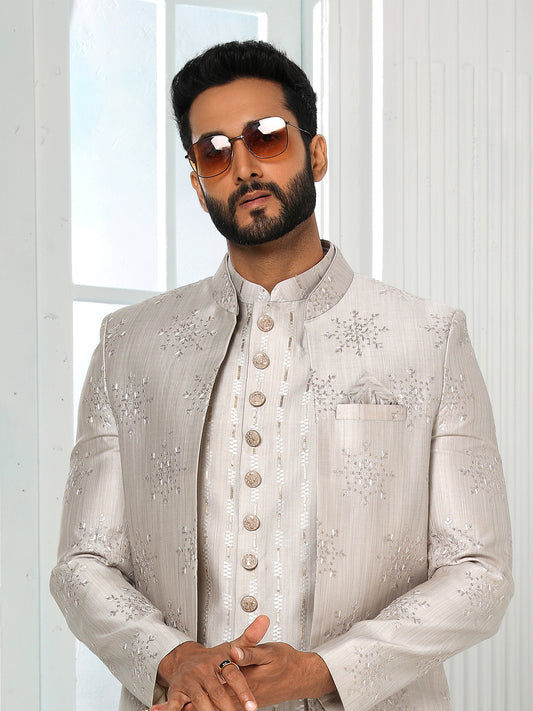 Grey Art Silk Embroidered Wedding Indo Dress