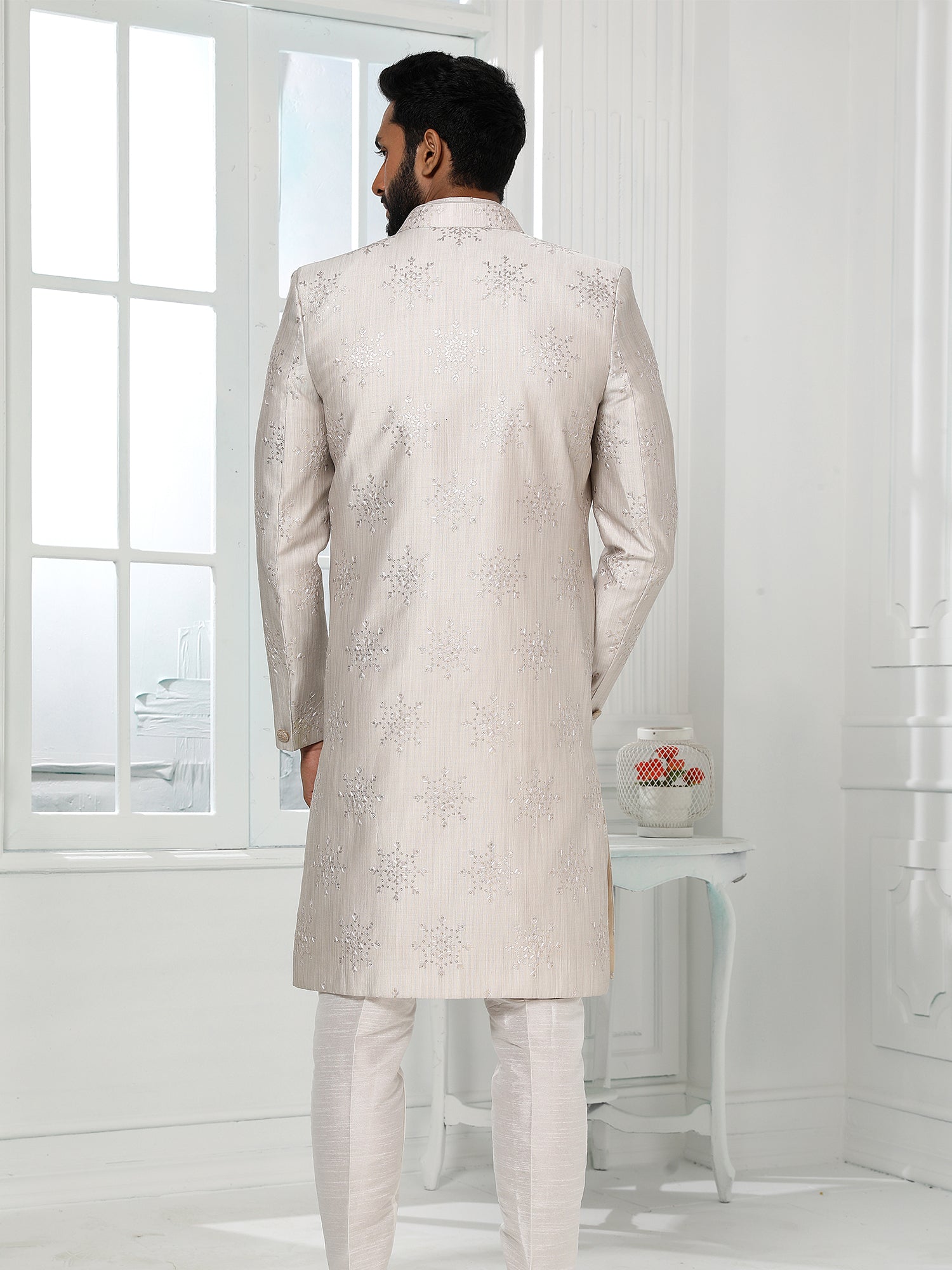 Grey Art Silk Embroidered Wedding Indo Dress