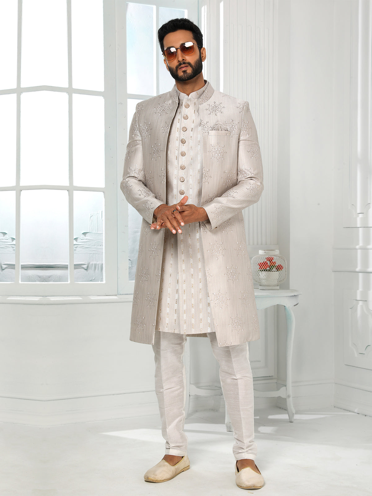 Grey Art Silk Embroidered Wedding Indo Dress