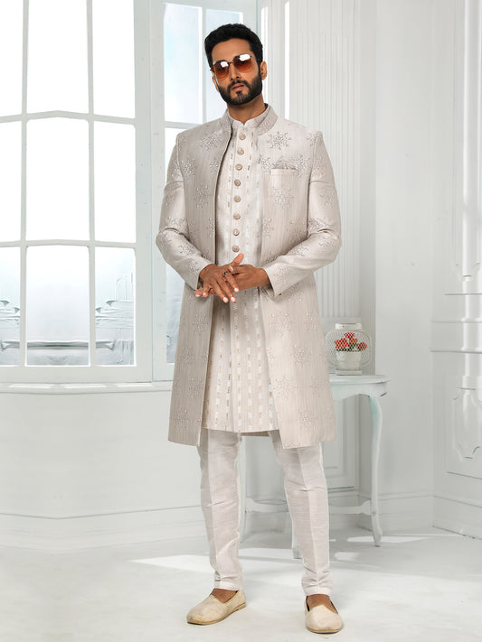 Grey Art Silk Embroidered Wedding Indo Dress