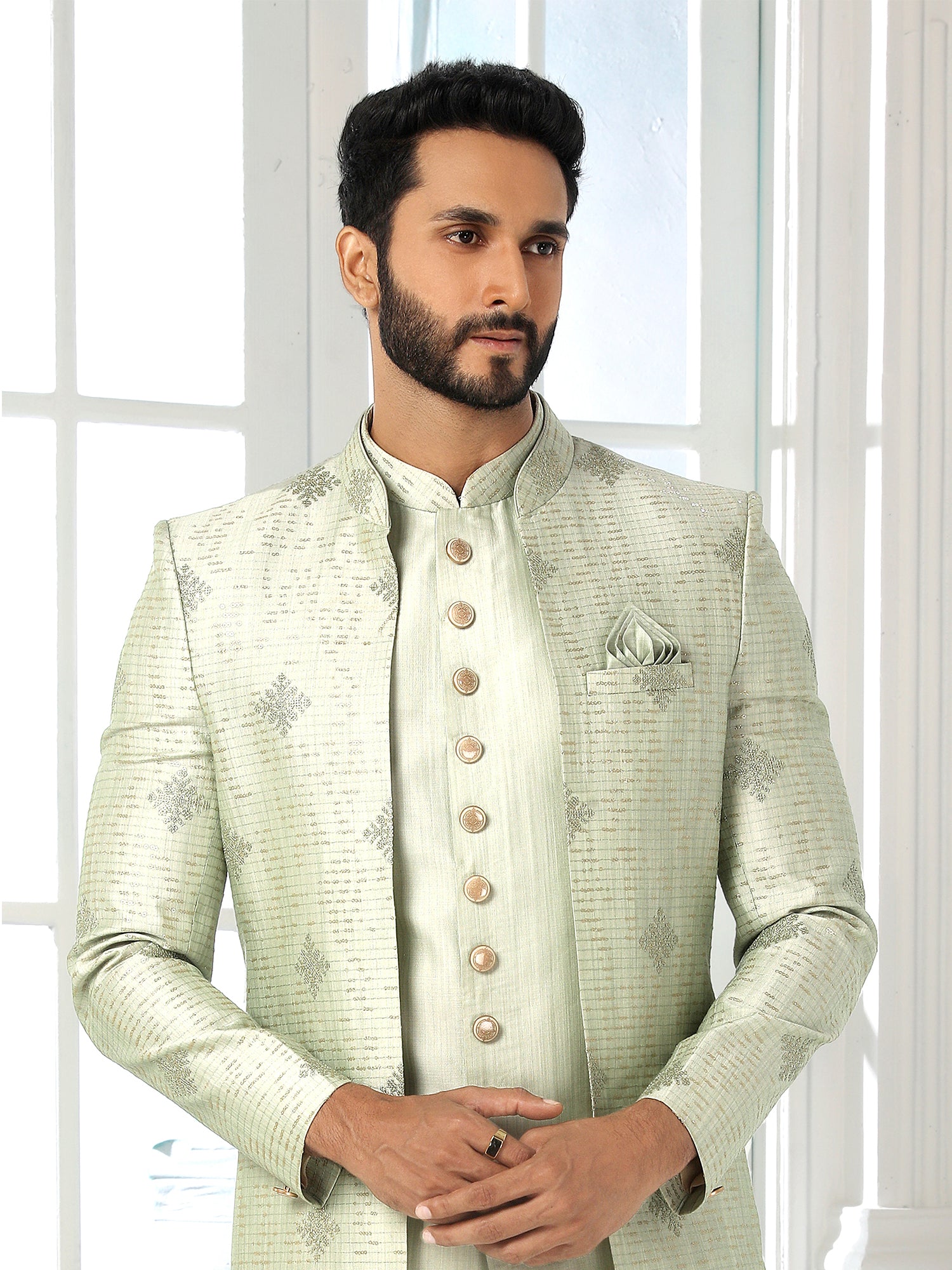 Pastel Grey Art Silk Indo Western Sherwani