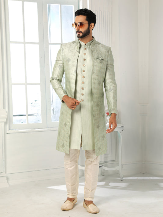 Pastel Grey Art Silk Indo Western Sherwani