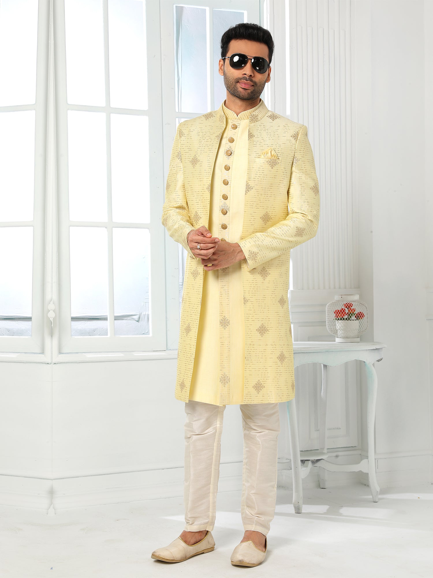 Cream Art Silk Wedding Indo Sherwani