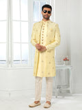 Cream Art Silk Wedding Indo Sherwani