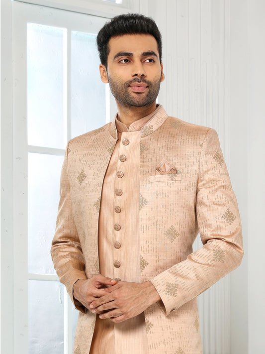 Peach Embroidered Art Silk Indo Western Set