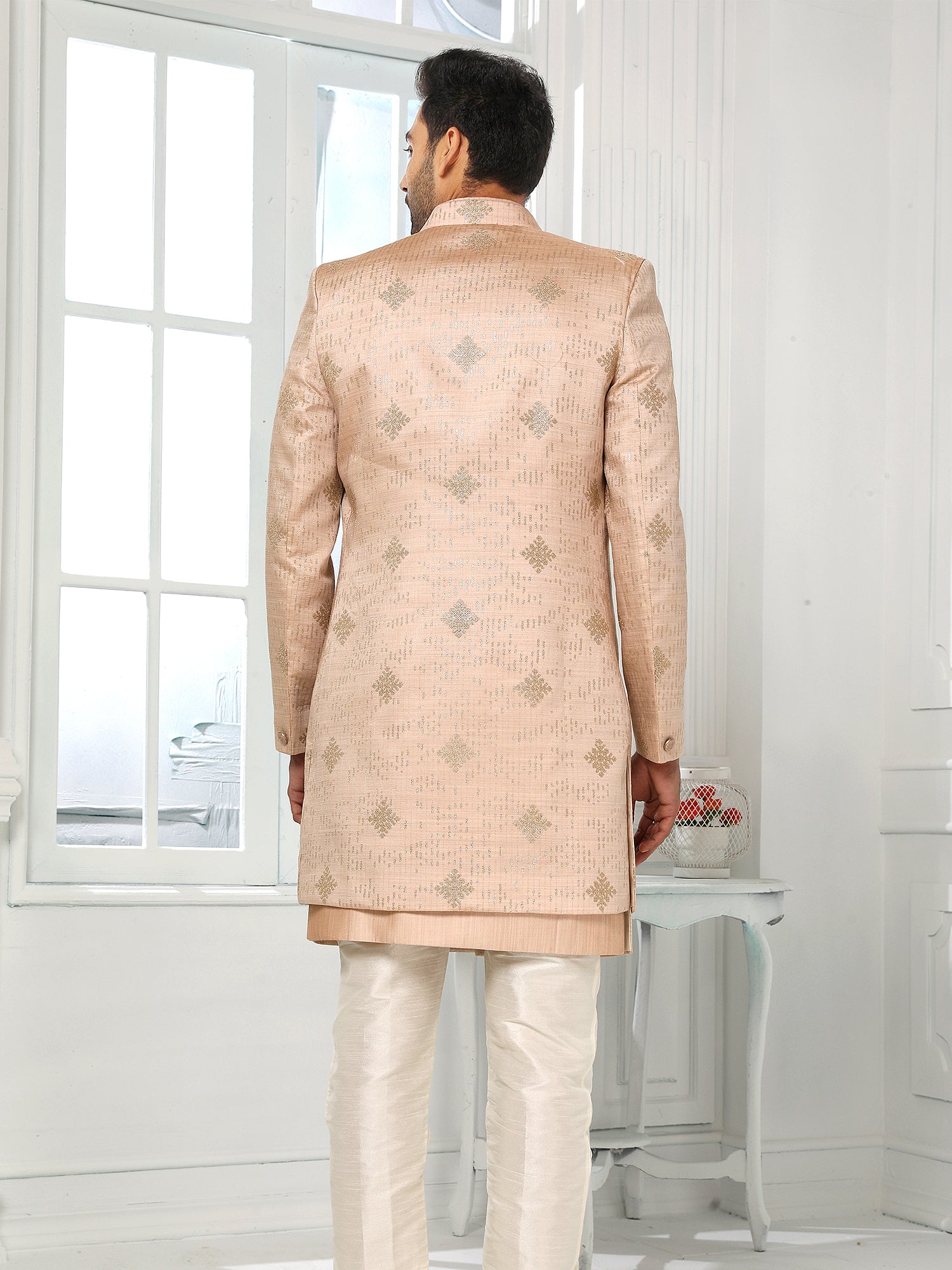 Peach Embroidered Art Silk Indo Western Set